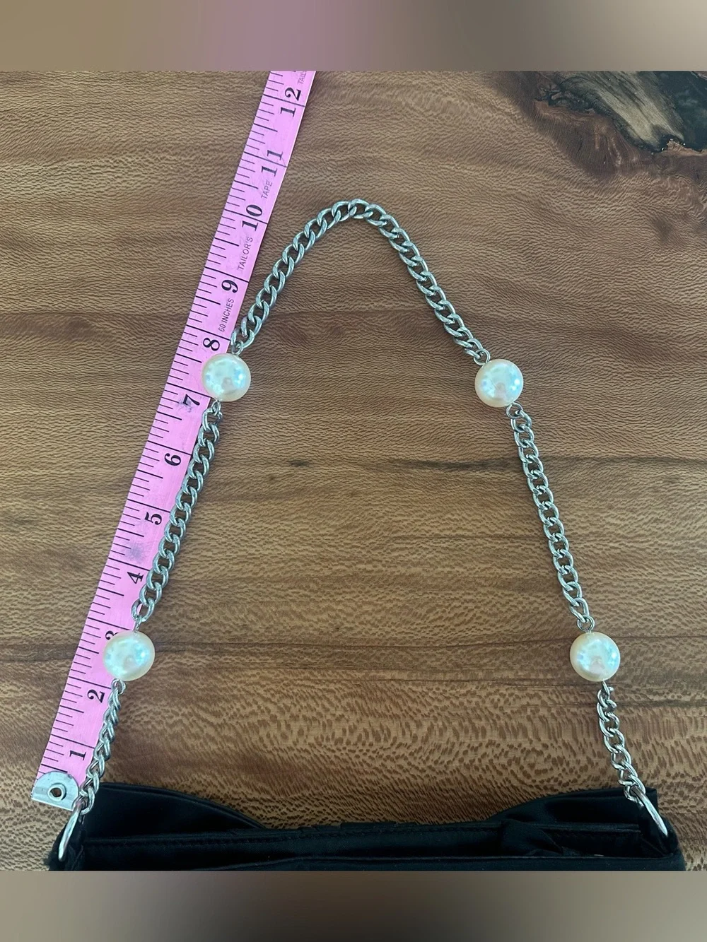 White House Black Market Black Bow-Front Evening Shoulder Bag with Pearl Chain